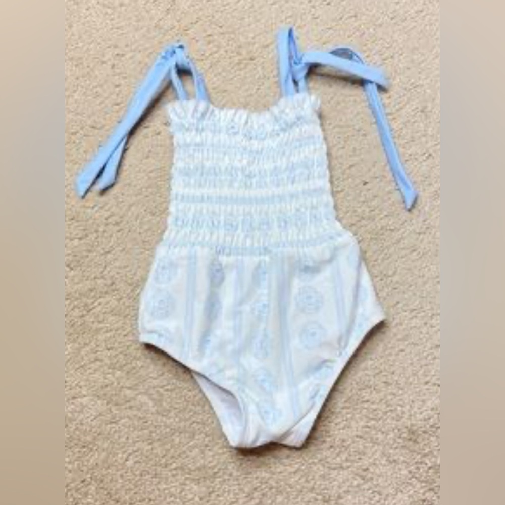 Edgehill collection smocked swimsuit blue and white rose print 12/18 months